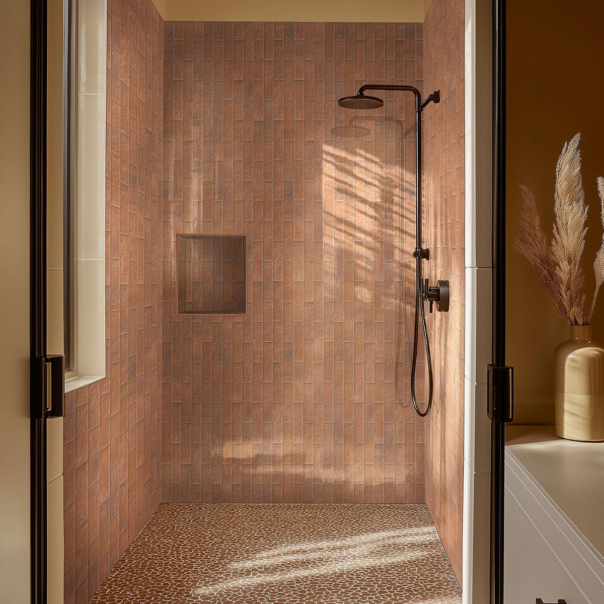 Mattonella 2.5x10 Matte Glazed Wall Tile — installed room view — color Cotto