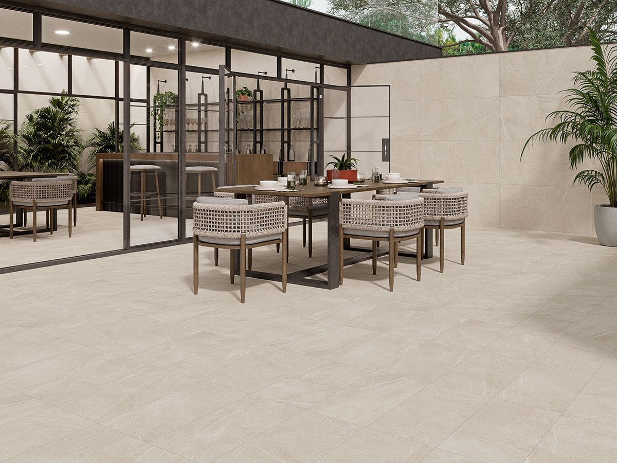 Traktion Maven ZeroSlip Matte Porcelain Tile — installed room view — color Ivory