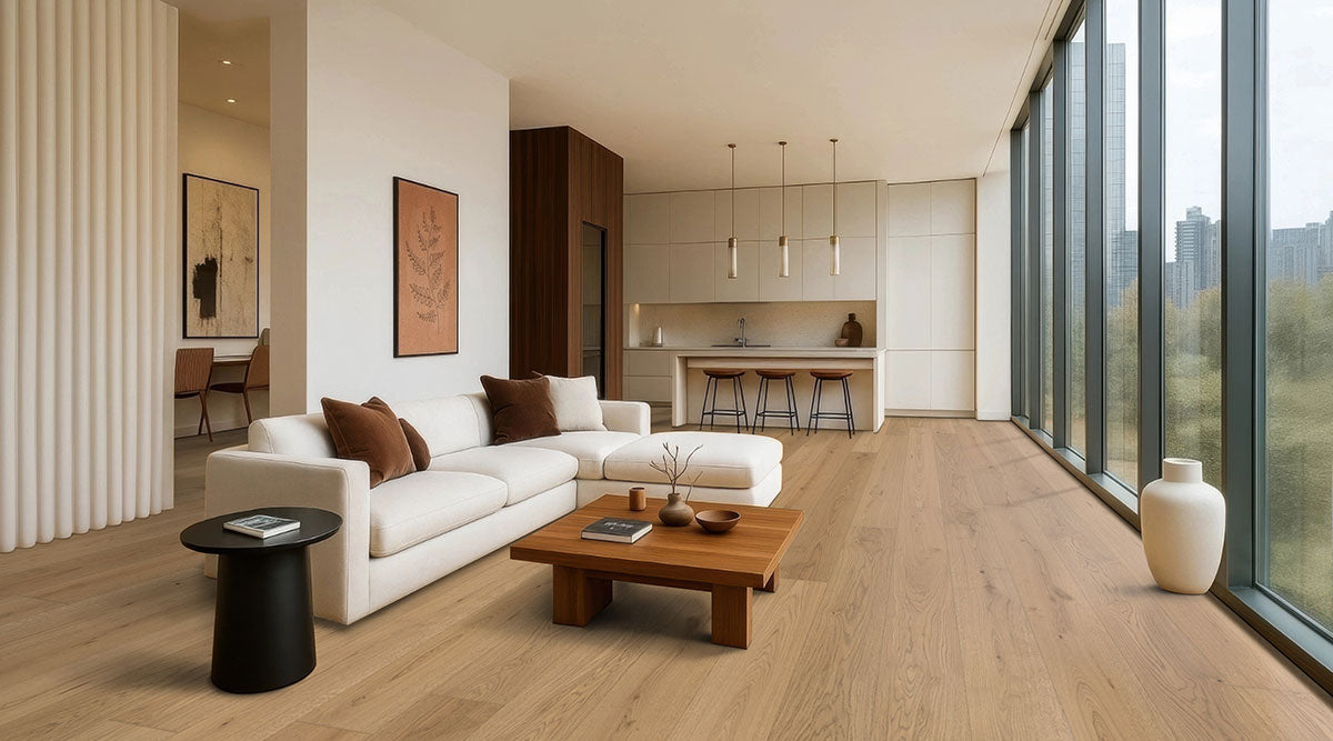 McCarran Adriel Oak, supplier room scene showing flooring (VTWADROAK9.5X86-5/8-4MM)