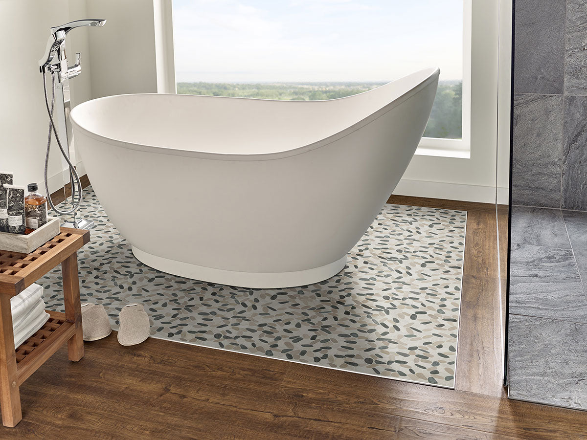 Rio Lago Natural-Stone Pebble Mosaic — installed room view — color Metropolitan