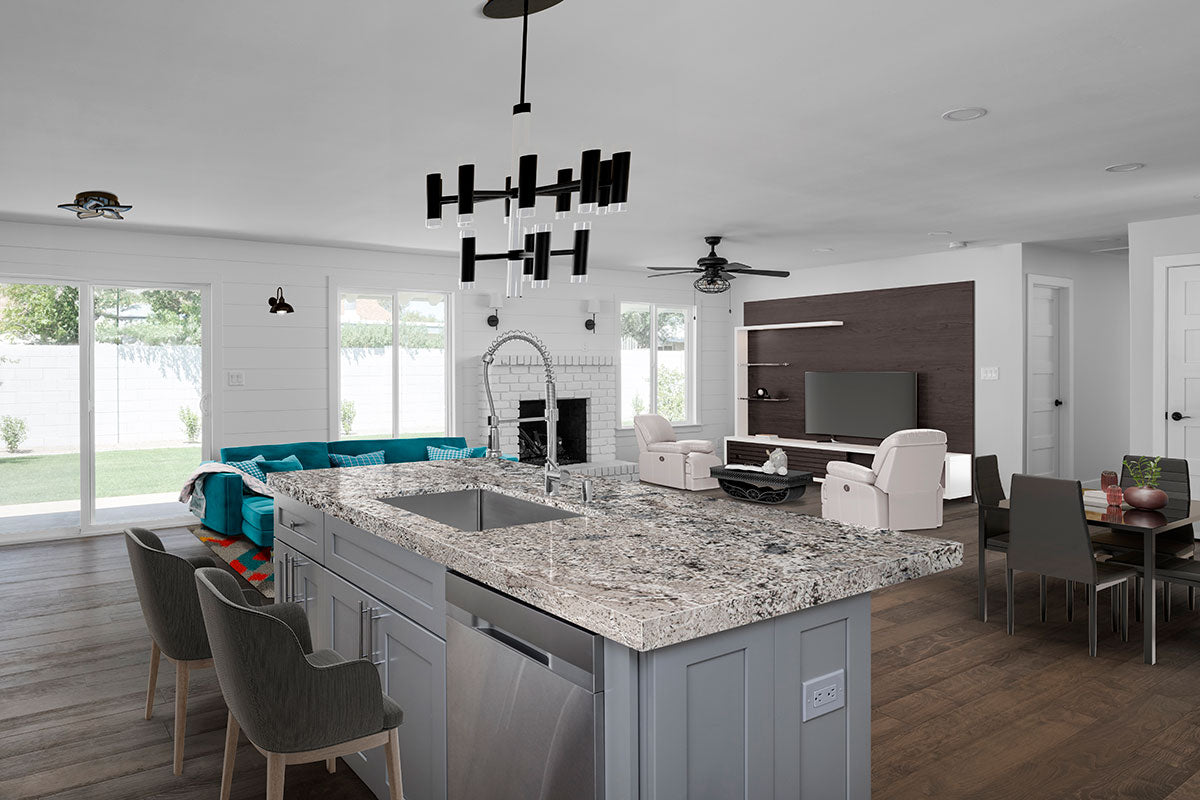 Mirage White countertop room inspiration; installation shown is illustrative