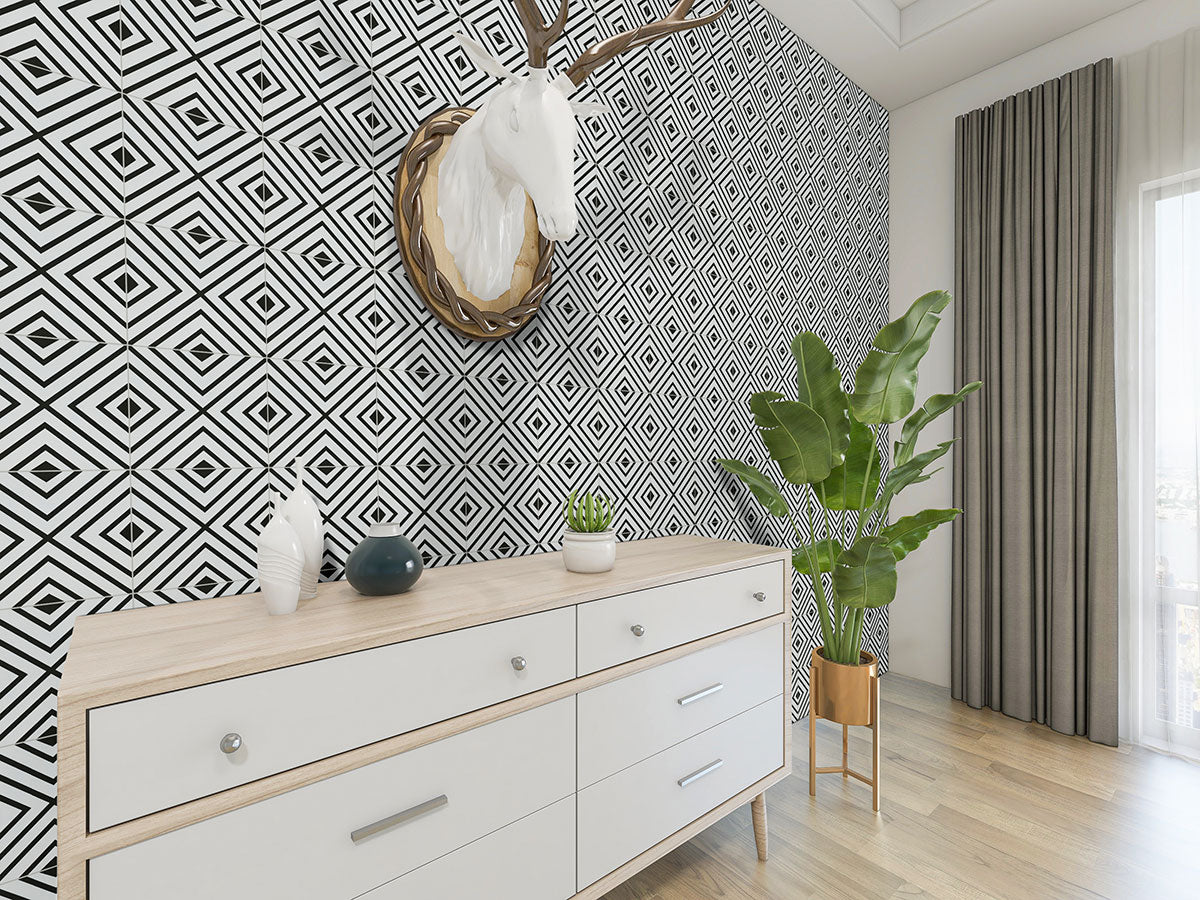 Zaria 8x8 Encaustic-Look Porcelain Tile — installed room view — color Modena