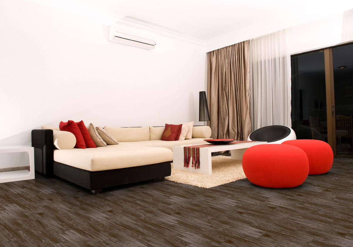 Balboa 6x24 Matte Wood-Look Ceramic Tile — installed room view — color Moka