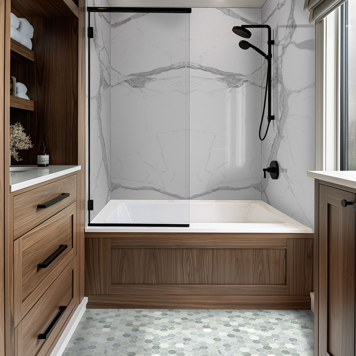 Montblanc Statuario AquaLume Polished Porcelain Tub and Shower Panel Set — installed room view