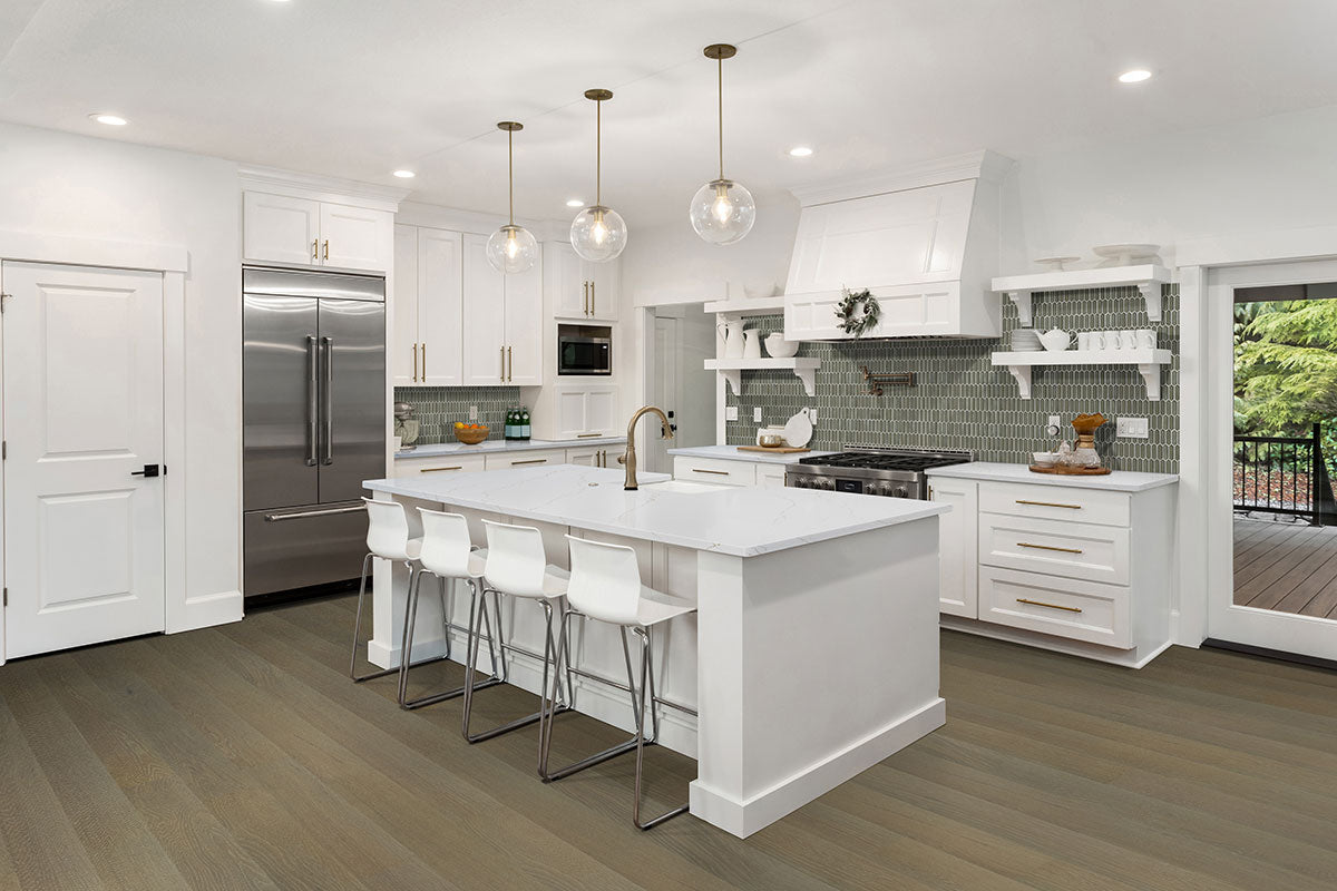 Woodhills 6.5x48 Waterproof Wood Flooring — installed room view — color Moorville Oak