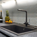Metallico Glossy Porcelain Penny Round Mosaic — installed room view
