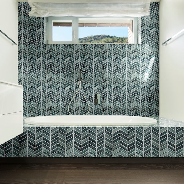 Midnight Blue Ombre 6mm Polished Glass Chevron Mosaic product view