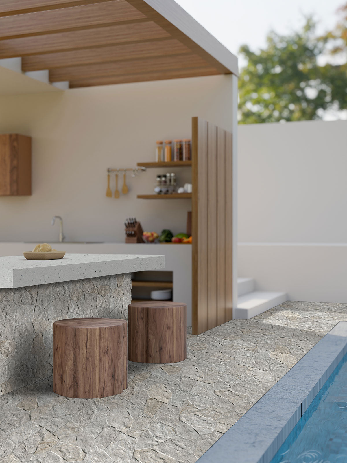 Neptune Blonde and Micas 16x24 Matte Porcelain Tile — installed room view — color Micas