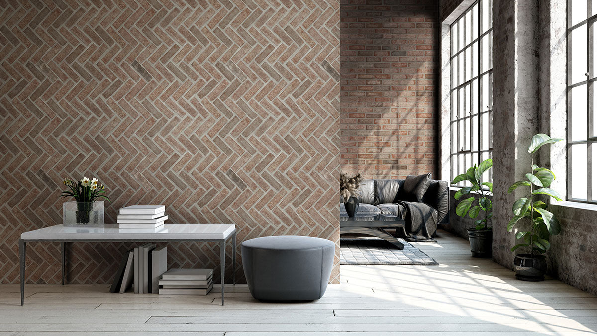 Noble Red 2.25x7.5 Thin Clay Brick Tile — installed room view