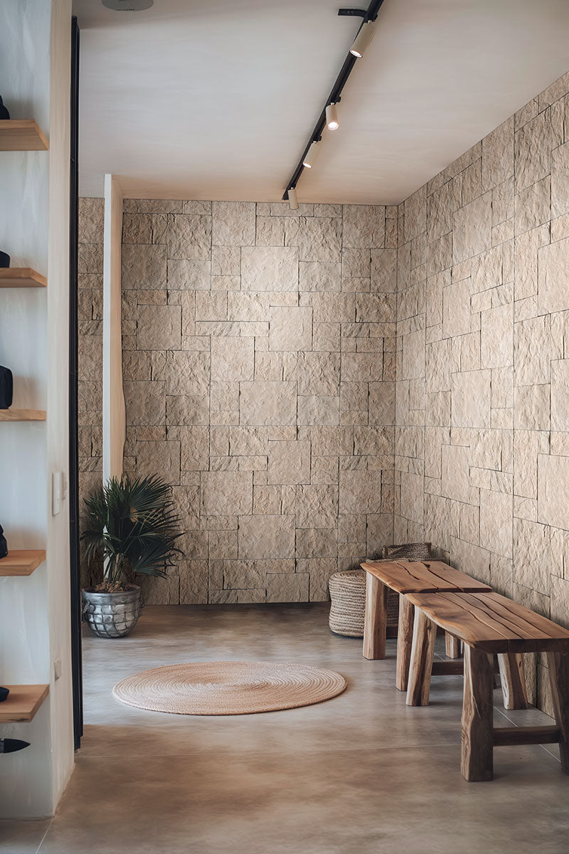 Oakwood Beige Terrado Stone Veneer Corner - installed example (representative)