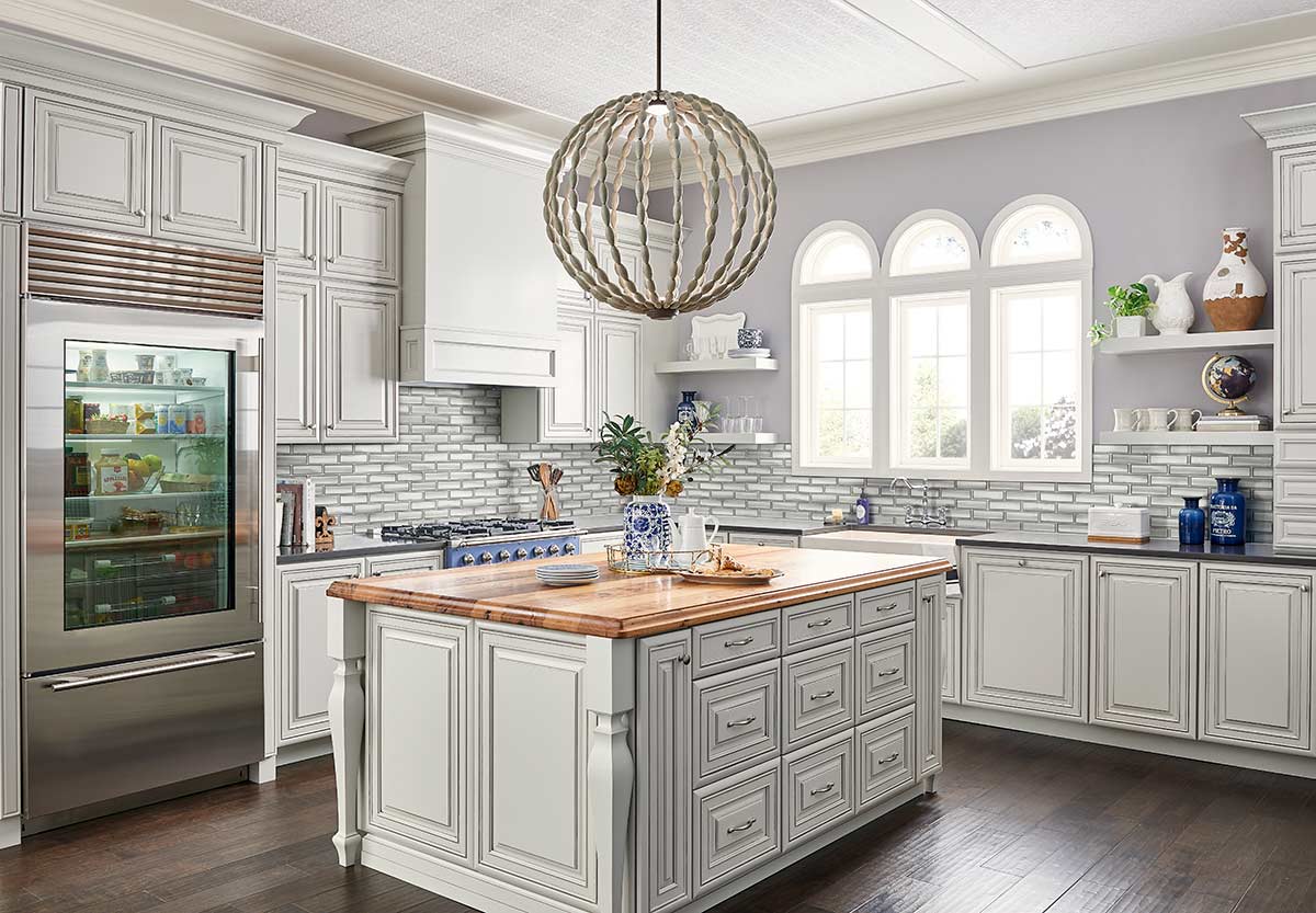 Bevollo Beveled Glass Wall Tile — installed room view — color Ombre Grigia