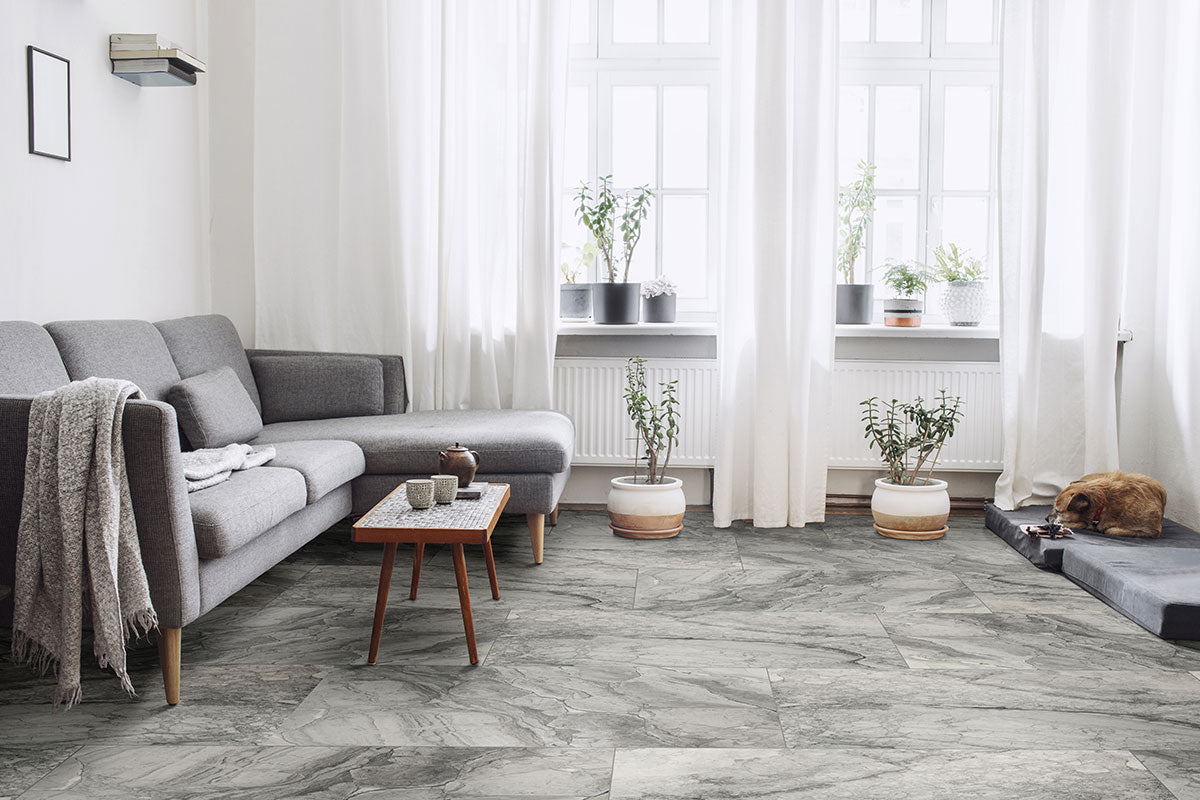 Kaya 3x24 Porcelain Bullnose — installed room view — color Onda Gray