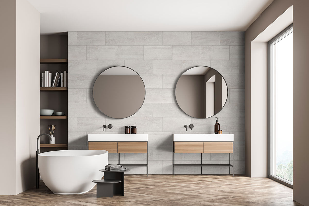 Oxide Matte Metallic-Look Porcelain Tile — installed room view — color Blanc