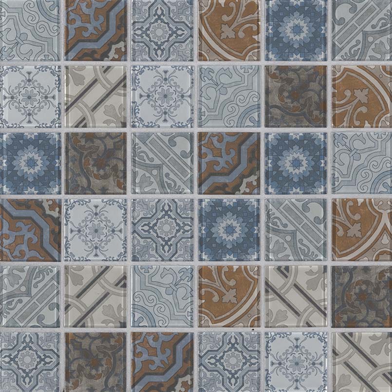 Pasadena 2x2x6mm Patterned Glass Mosaic — clean product view — color Multicolor blue and brown