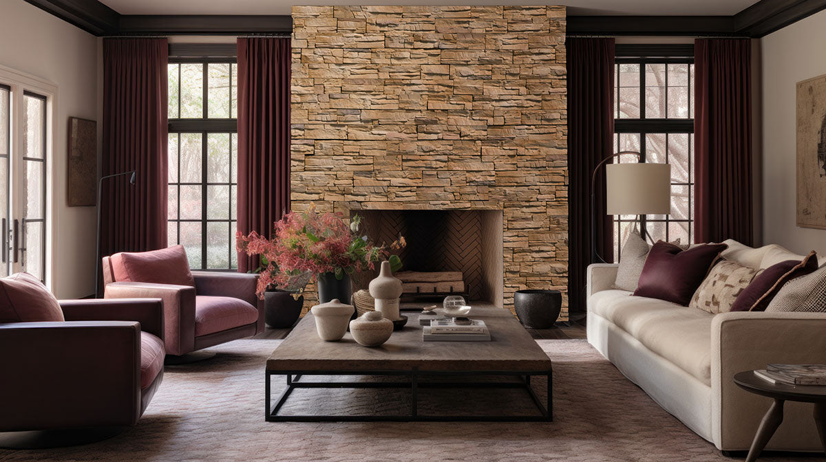 Terrado Manufactured-Stone Corners — installed room view — color Peninsula Sand Mfd Stacked Stones