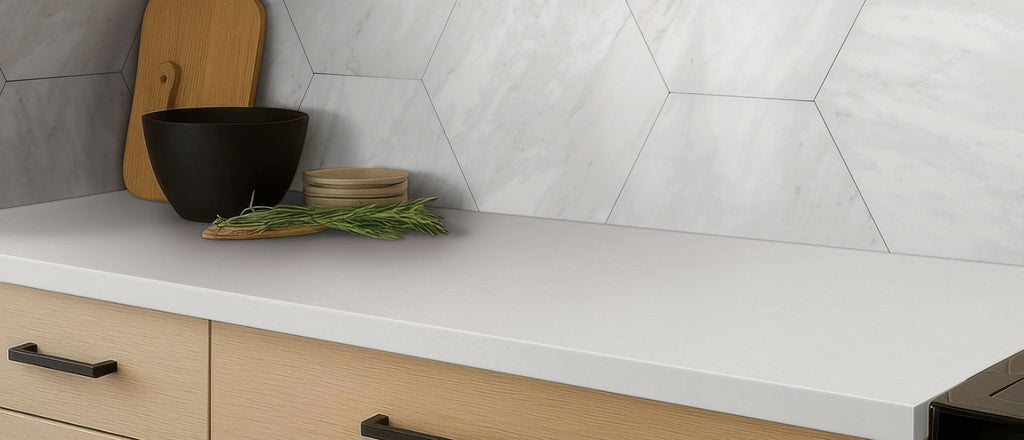 Perla White countertop room inspiration; installation shown is illustrative