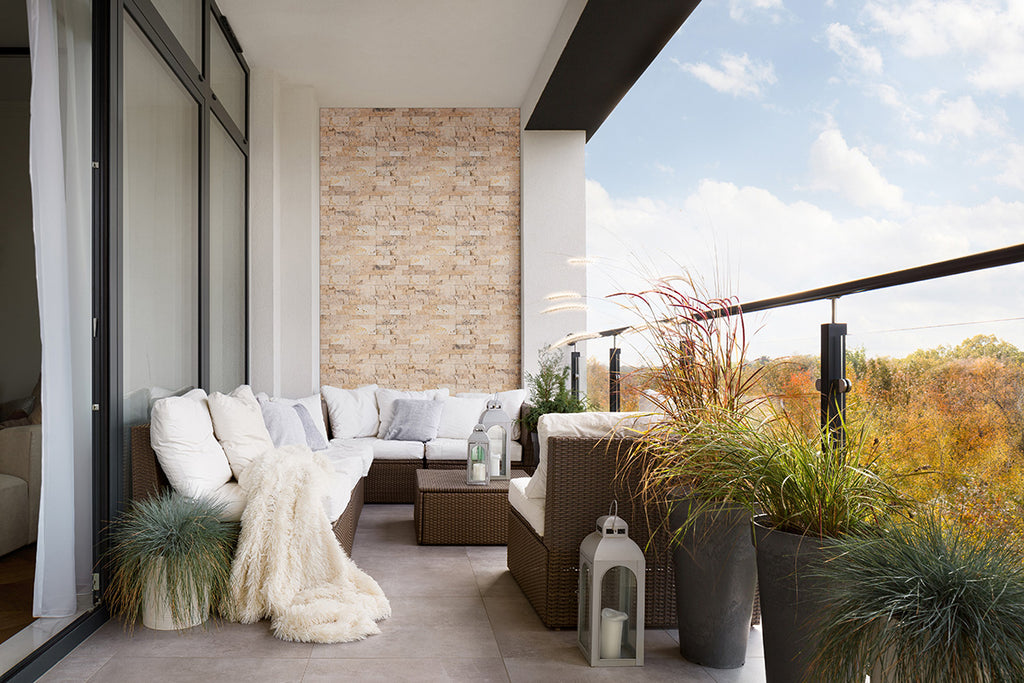Rockmount Natural-Stone Stacked Stone Panel — installed room view — color Philadelphia Panel
