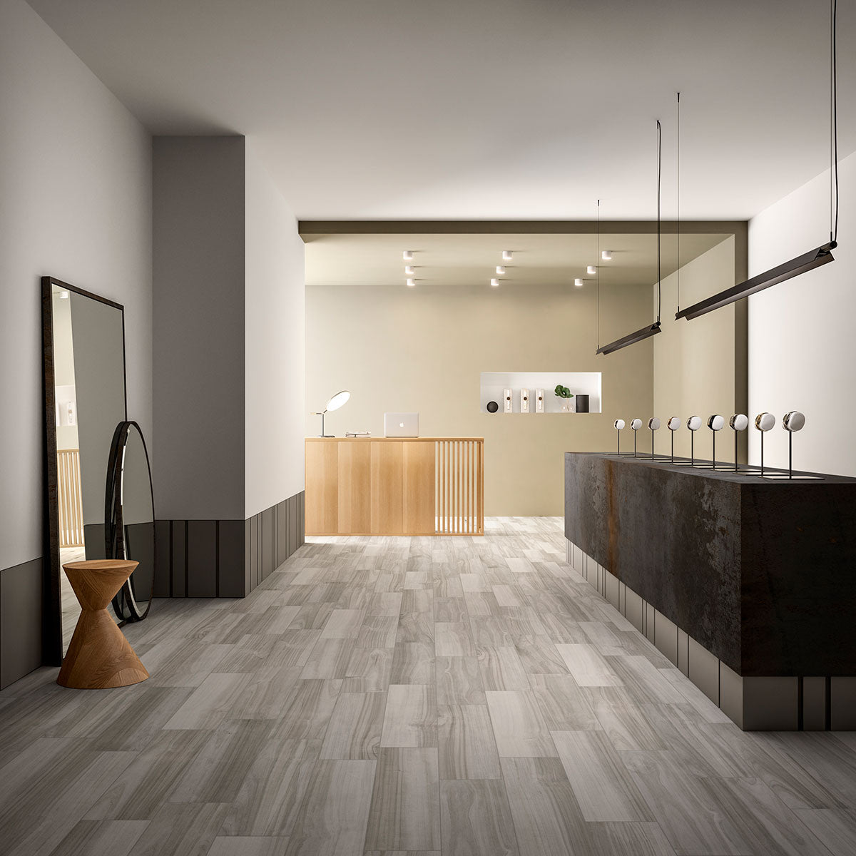 Havenwood 8x36 Matte Wood-Look Porcelain Tile — installed room view — color Platinum