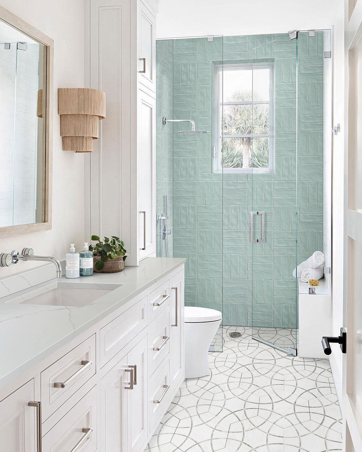 GeoGlam 11x13 Matte Hexagon Porcelain Tile — installed room view — color Cloud