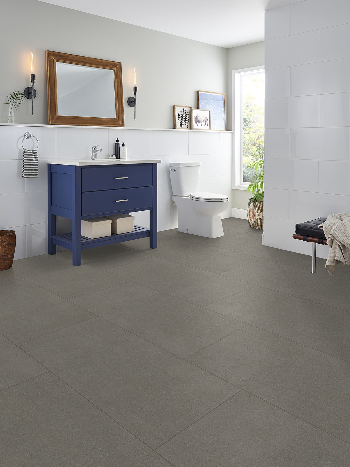Dimensions Concrete-Look Matte Porcelain Tile — installed room view — color Gris