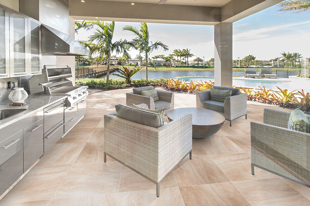 Praia Matte and Polished Marble-Look Porcelain Tile — installed room view — color Crema
