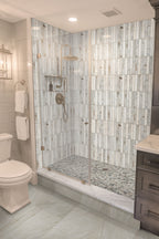 Rio Lago Natural-Stone Pebble Mosaic — installed room view — color Puebla Greige