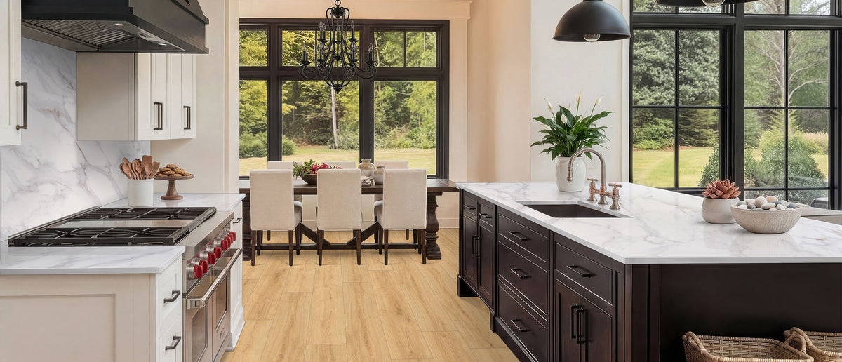 Calacatta Castana countertop room inspiration; installation shown is illustrative