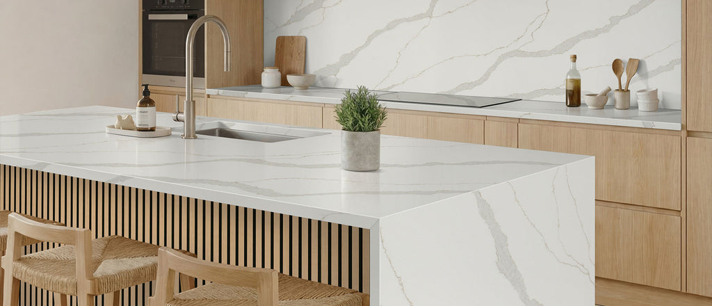 Calacatta Idillio countertop room inspiration; installation shown is illustrative