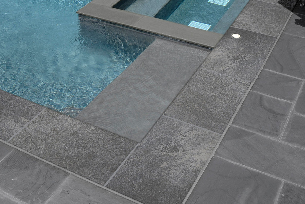 Quarzo Gray Porcelain Pool Coping - installed example (representative)