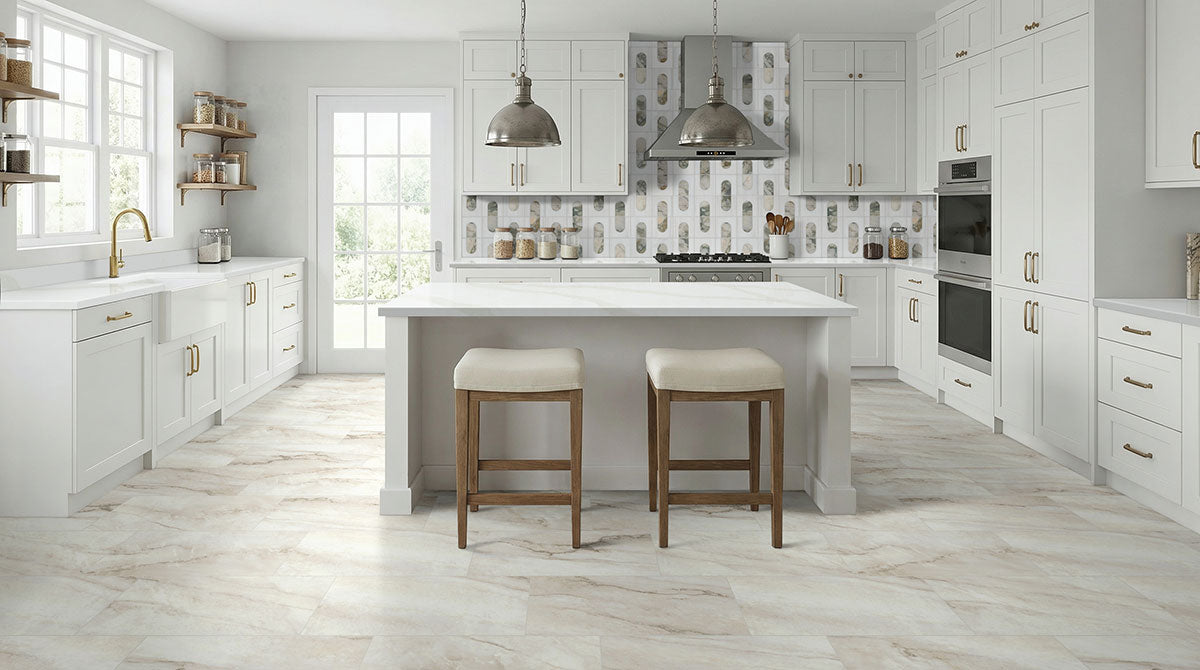 Glenridge 12x24 2mm 12mil Glue-Down Luxury Vinyl Tile — installed room view — color Quarzo Taj