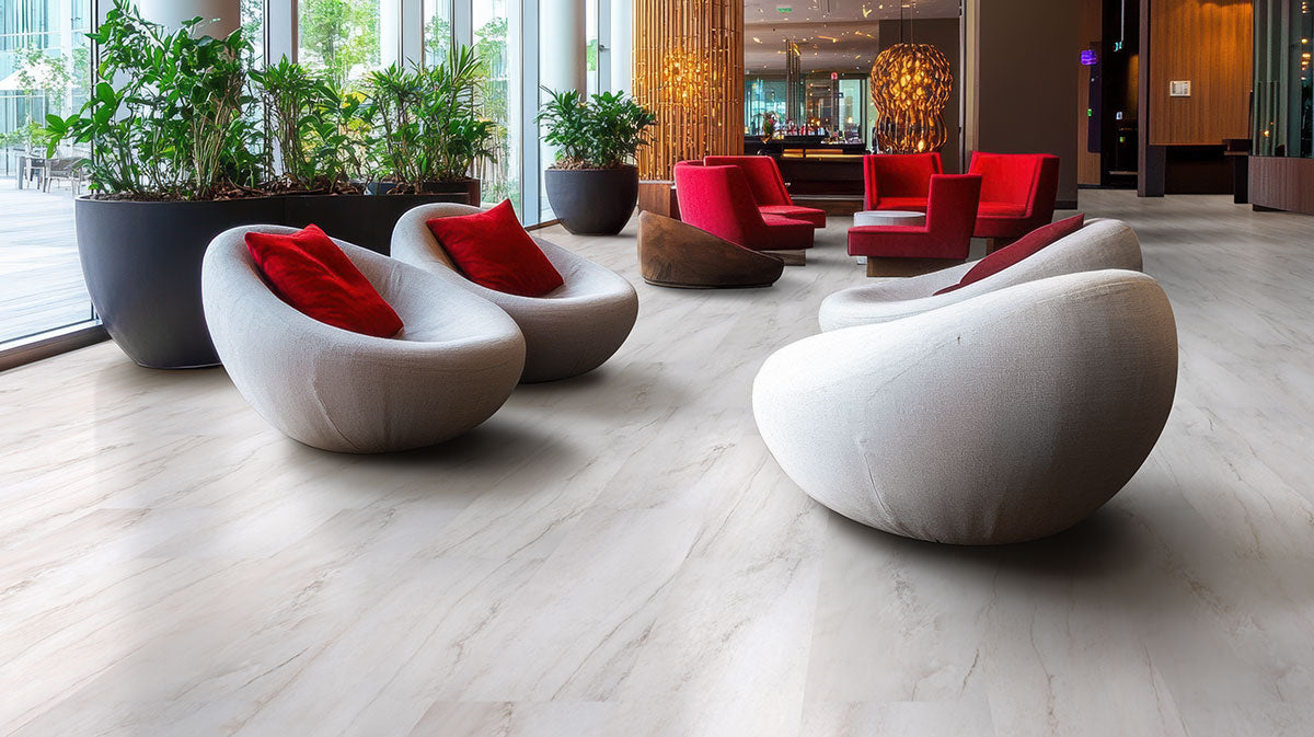Trecento 12x24 5mm Stone-Look Rigid-Core Luxury Vinyl Tile — installed room view — color Quarzo Taj