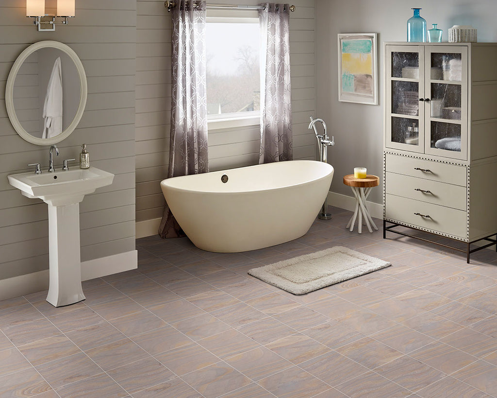 Rainbow Teak 12x12 Gauged Sandstone Tile — installed room view — color Brown | Beige | Rust