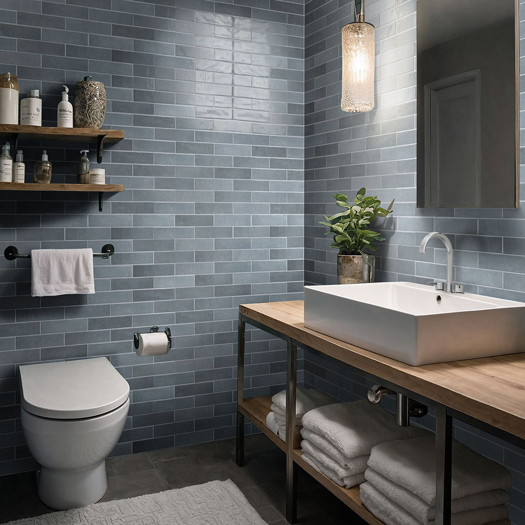 Renzo Glossy Ceramic Wall Tile — installed room view — color Denim