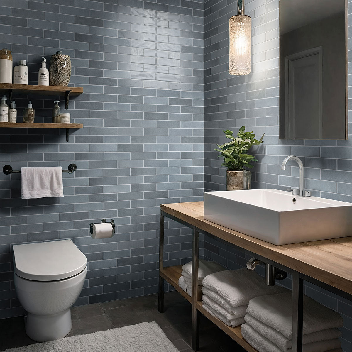 Renzo Glossy Ceramic Wall Tile — installed room view — color Denim