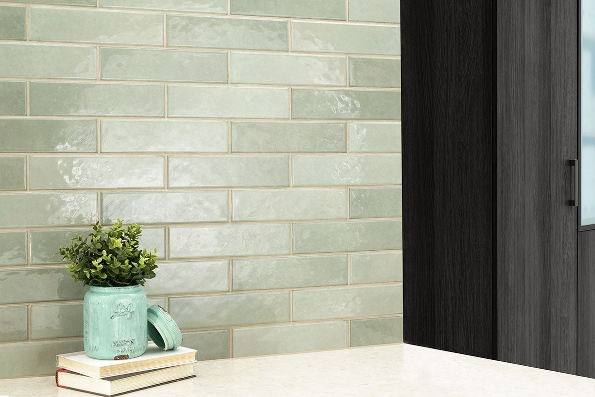 Renzo Glossy Ceramic Wall Tile — installed room view — color Jade