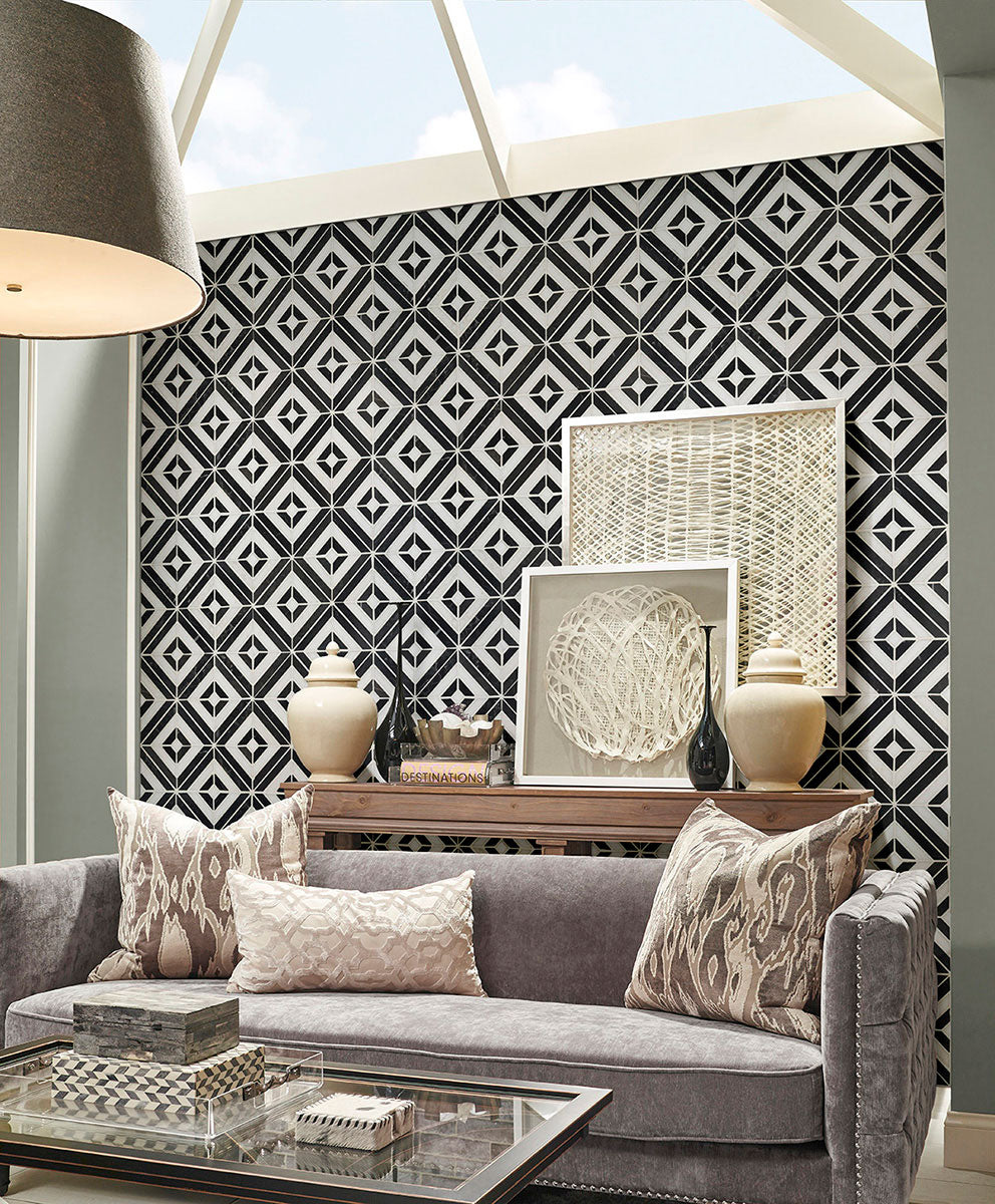 Rhombix Dove and Nero Polished Marble Mosaic — installed room view — color Nero