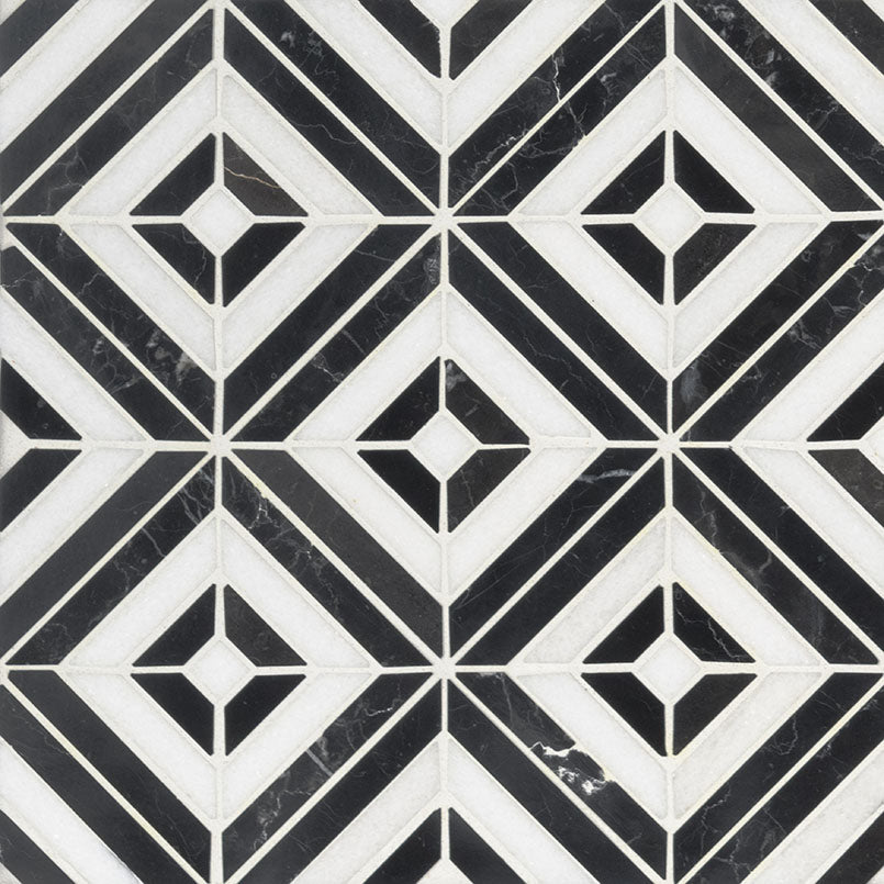 Rhombix Dove and Nero Polished Marble Mosaic — clean product view