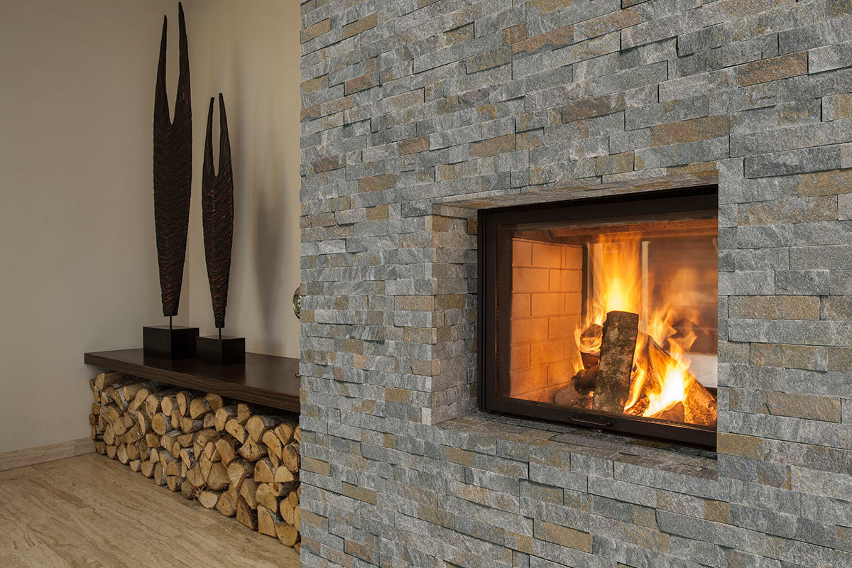 Rockmount Natural-Stone Stacked Stone Corner — installed room view — color Amber Falls Ledger