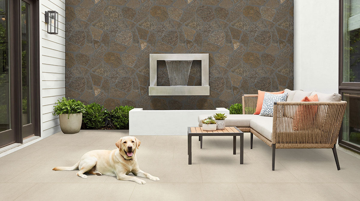 Rockmount Natural-Stone Fieldstone Veneer — installed room view — color Bedford Brown
