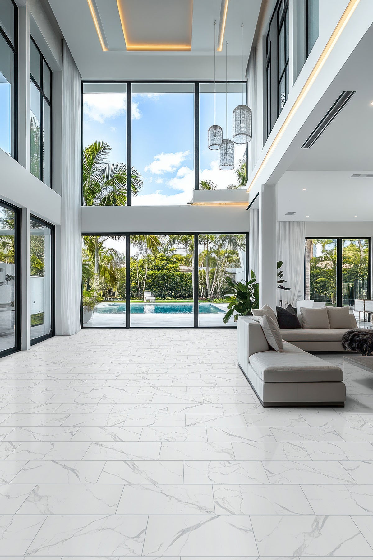 Roman Statuario 12x24 Matte Porcelain Tile — installed room view