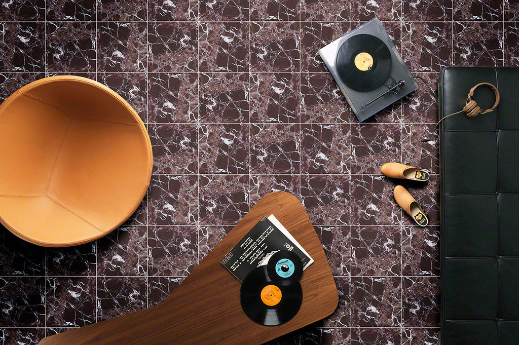Rosso Levanto 12x12 Polished Marble Tile — installed room view — color Deep brown-red with white veins