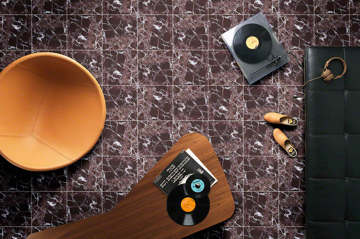 Rosso Levanto 12x12 Polished Marble Tile — installed room view — color Deep brown-red with white veins