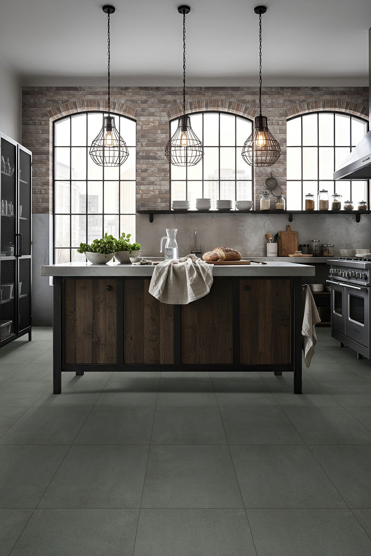 Brickstone Porcelain Brick Tile — installed room view — color Rustique Red