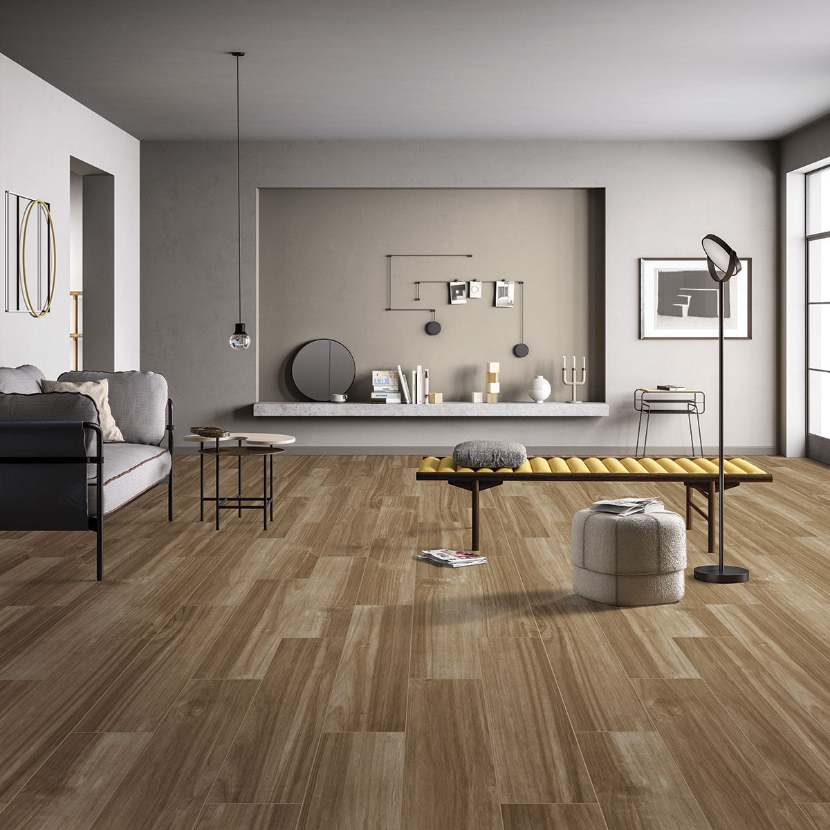 Havenwood 8x36 Matte Wood-Look Porcelain Tile — installed room view — color Saddle