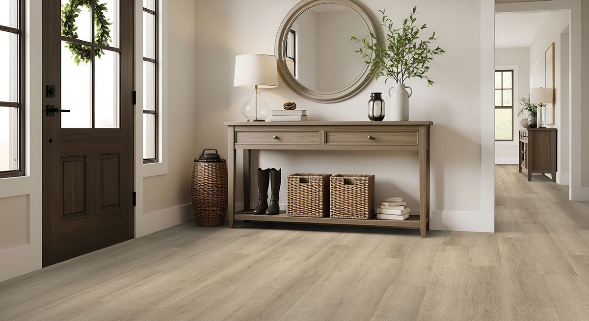 Laurel 9x48 5mm 20mil Waterproof Rigid Core Luxury Vinyl Plank — installed room view — color Saddle Wood