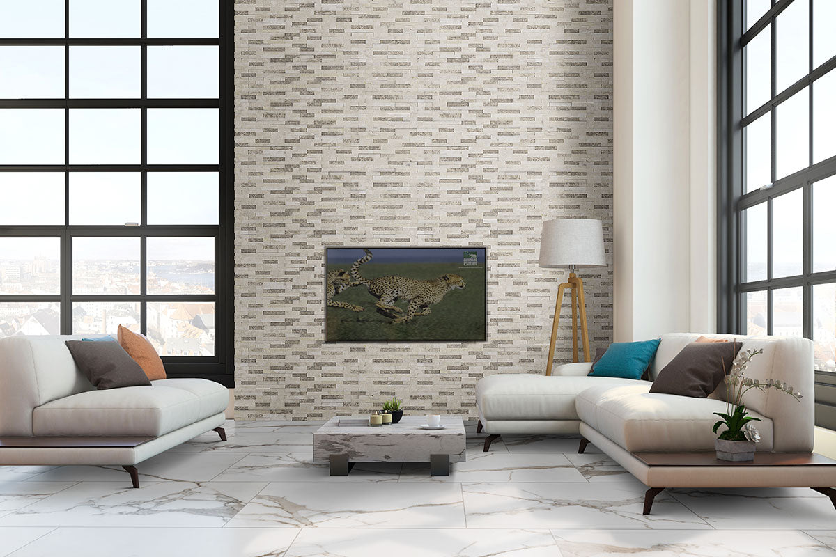 Savoy 2x2 Matte Porcelain Mosaic — installed room view — color Crema