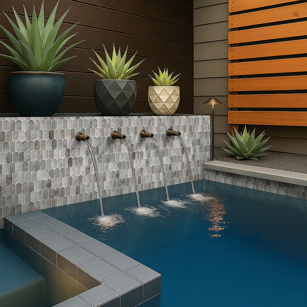 Savoy Picket 8mm Glass Mosaic — installed room view — color Pattern