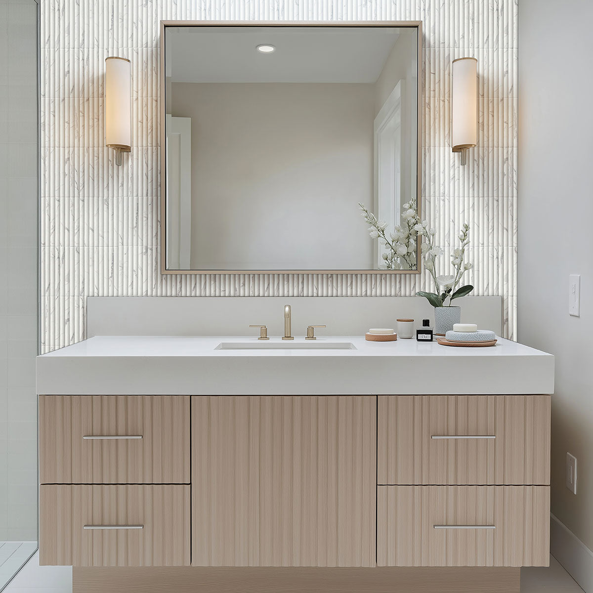 Scanalato Calacatta 5x10 Satin Fluted Porcelain Wall Tile — installed room view