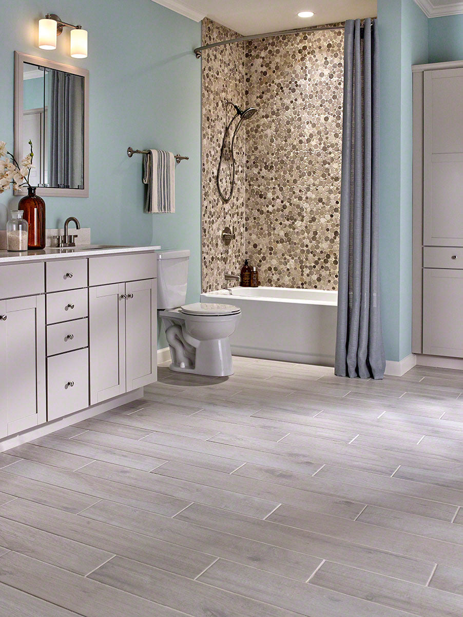 Palmetto 6x36 Matte Wood-Look Porcelain Tile — installed room view — color Fog