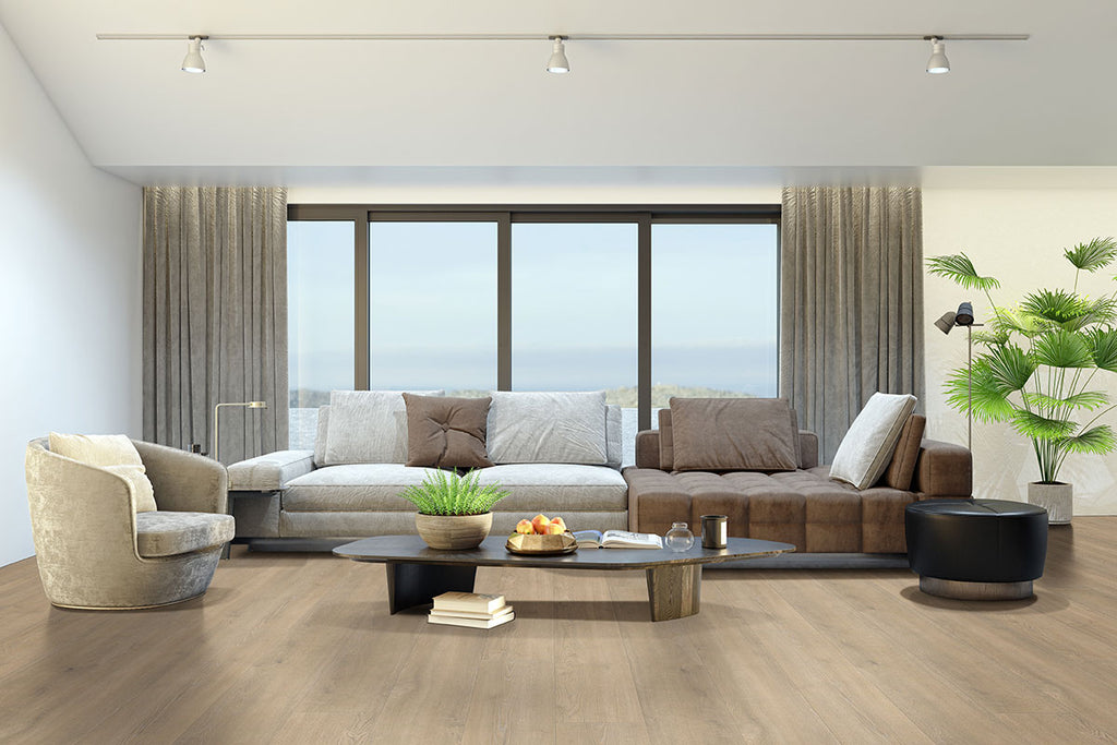 Shorecliffs 9x87 12mm Waterproof Hybrid Rigid-Core Flooring — installed room view — color Brundinson Wood